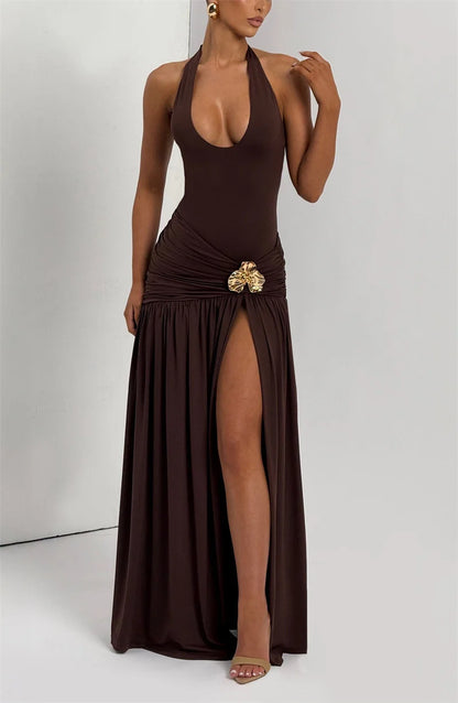 Mozision Elegant Backless Sexy Maxi Dress Set Women Halter Bodysuit And Maxi Skirt Matching Set Female Ruched Split Dress Sets