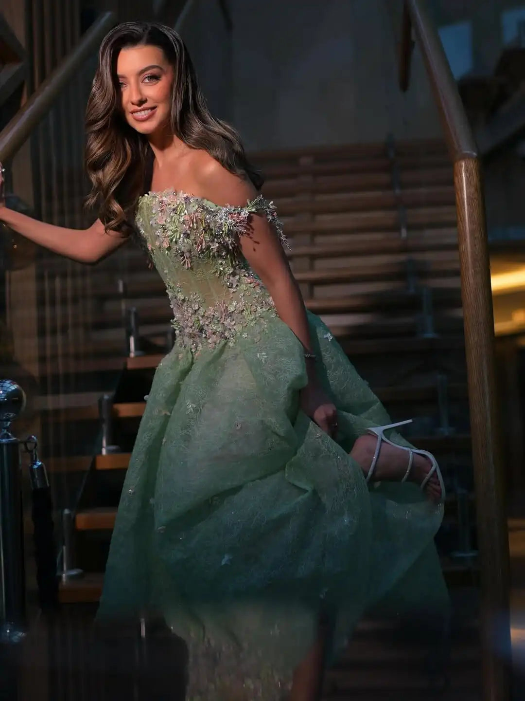 Ofherown Mint Green 3D Floral Embroidery Tulle Evening Dress Elegant A-Line Off-Shoulder Floor-Length Prom Dress Party Gowns
