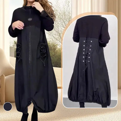 Women's Loose Shirt Dress Long- Sleeved With Mocha Collar And Drawstring Fashion High Quality Casual Dress Visually Stretched