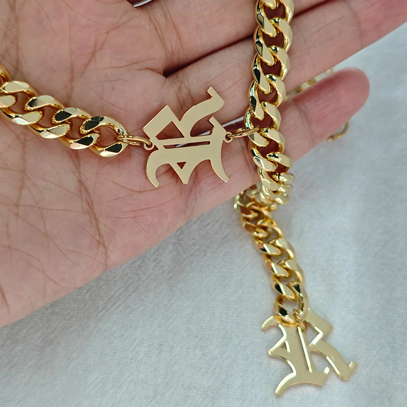 DUOYING Gothic Initial Letter Drop Choker Necklace Gold Plated Thick Cuban Link Chain Old English for Women Custom Jewelry Gif