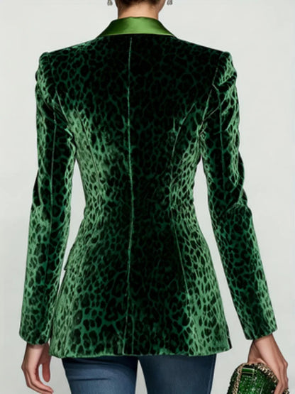 Green Leopard Velvet Women Suit Jacket Peak Lapel One Button Long Sleeve Formal Office Lady Blazer Retro Cotton Coat Customized
