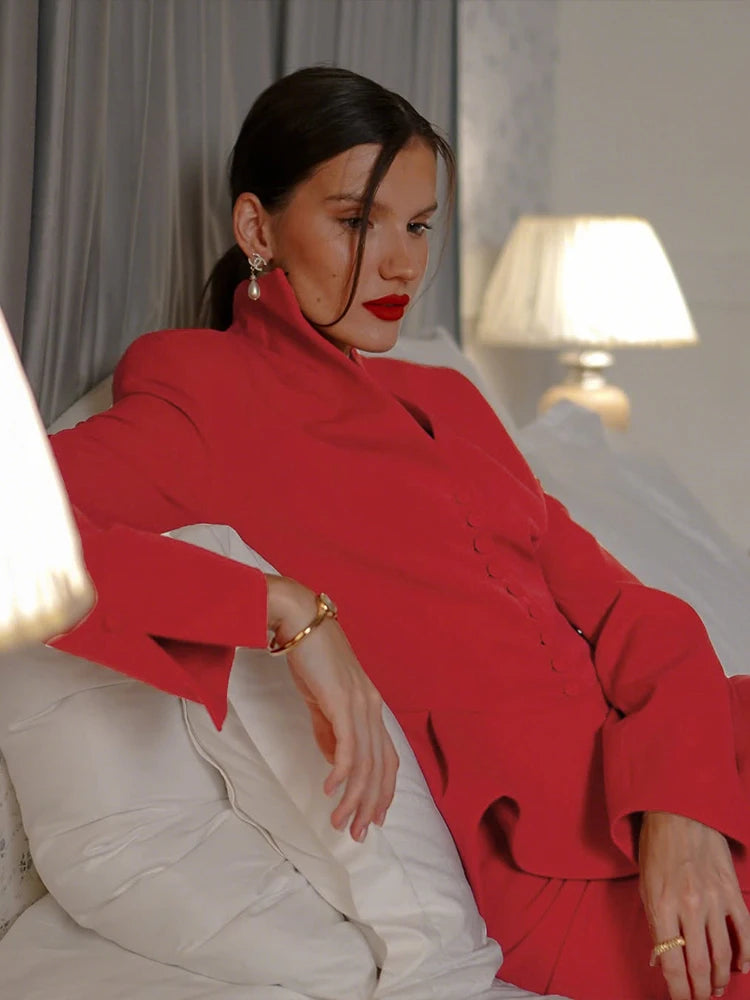 Weird Puss Elegant Office 2-Piece Set Women Classic Autumn trend Single Breasted Ruffled Jacket+Peach Hip Mid Skirt Slim Outfits