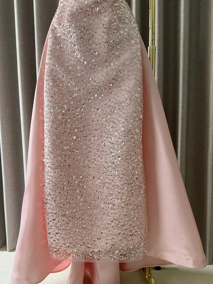 Ofherown Spaghetti Strap Pink Sequins Beaded Evening Dress Satin Train Long Prom Gown Wedding Party Formal Dress