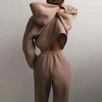 2 Pieces Set Women New Fashion Leisure Autumn Winter Pure Color Fleece Hooded two-piece Sports Suits Dropshipping LKX21660