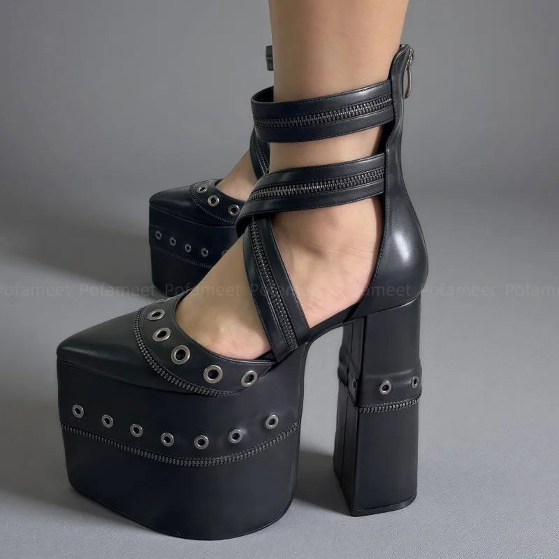 Sexy Women Mary Janes Chunky Heel Pumps Platform Shoes Pointed Toe Ankle Cross Strap Chain Decor Dress Shoes High Heel Sandals