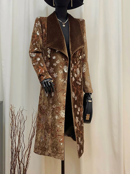YERMORA Brown Sequins Embroidery Belt Elegant Trench For Women Lapel Long Sleeve Loose New Windbreaker Fashion Autumn Winter
