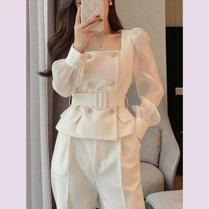 Sets Women Chic Korean Style Spring New Graceful Square Collar Tops Simple Wide Leg Pants Temperament Office Ladies Two Pieces