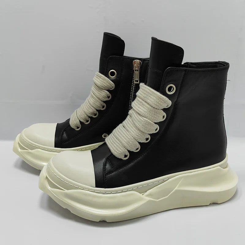 Men High Top Boots Casual Women Platform Heels Sneakers Leather Luxury Thick Lace Up Zip Autumn Black White Shoes