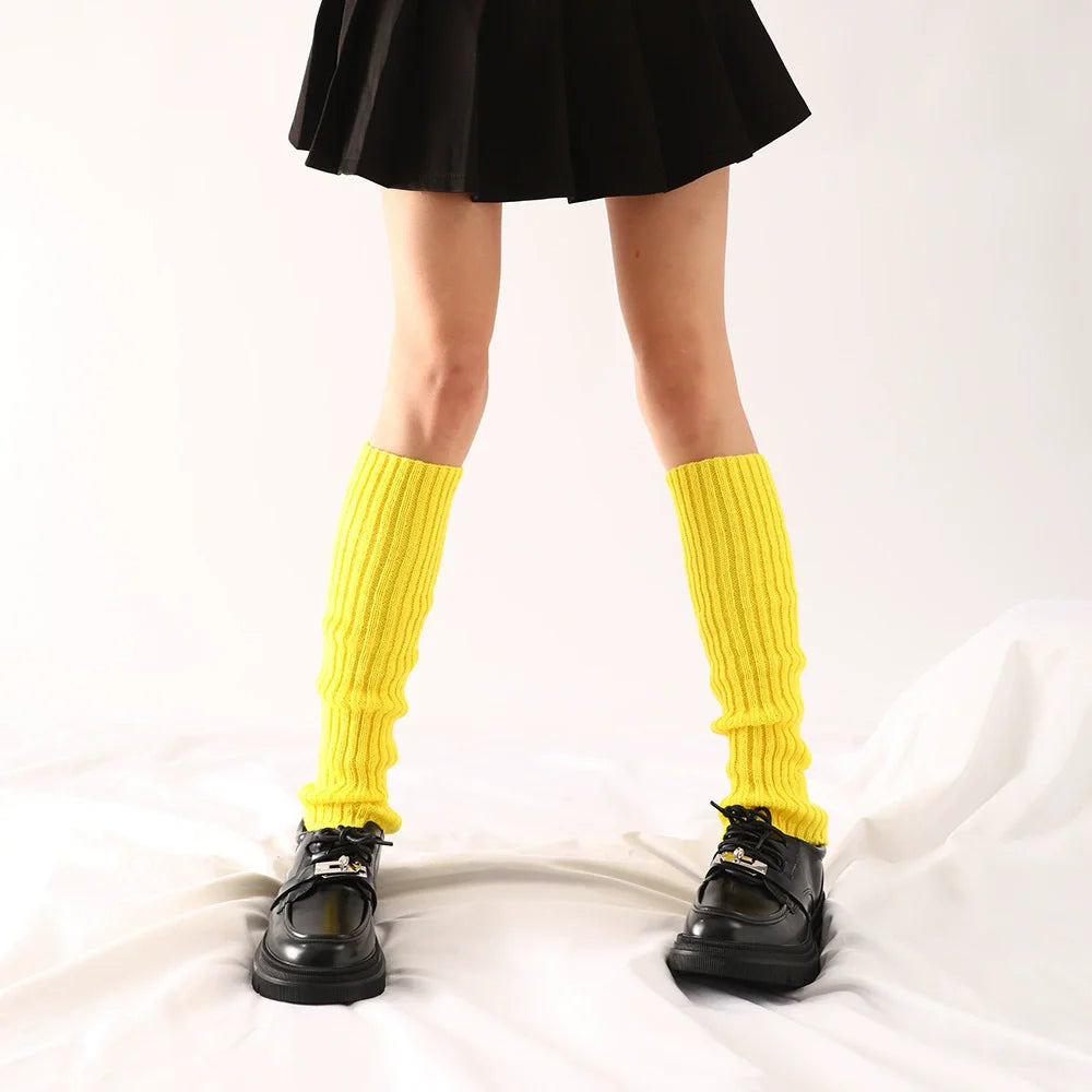 Women Halloween 80s Neon Colored Knit Leg Warmers Ribbed Bright Footless Socks Punk Black Knee High Gothic Hip-hop Rock Sock