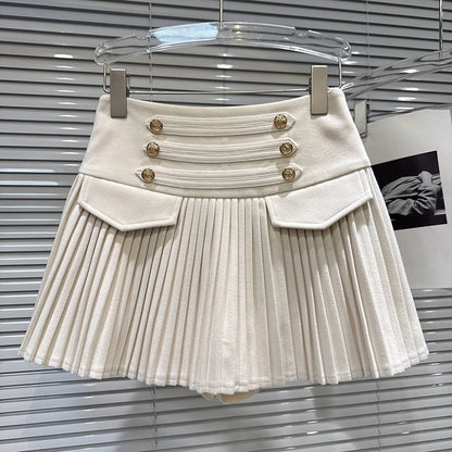 DEAT Trendy 2026 Autumn New Elegant Double Breasted Faux Woolen High-Waisted Pleated Skirt For Women A-line Skirts 11C320