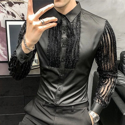 Spring Autumn Y2K Fashion Harajuku Shirt Men All Match Loose Casual Tops Patchwork Blusa Long Sleeve Button Lace Male Clothes - Kimlud
