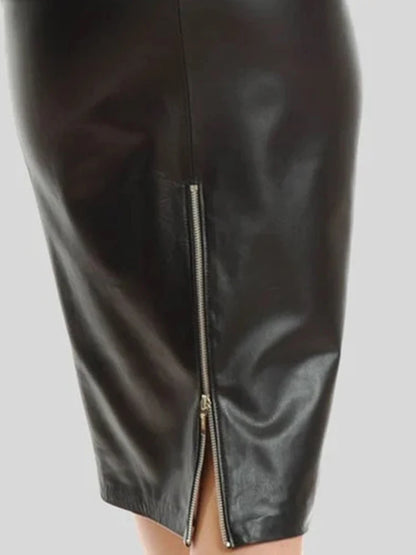 High Waist Stretch PU Mid Skirts Women Four Zip Matte Leather Knee Length Skirts Ladies Back Hem Split Pencil Skirts Custom New
