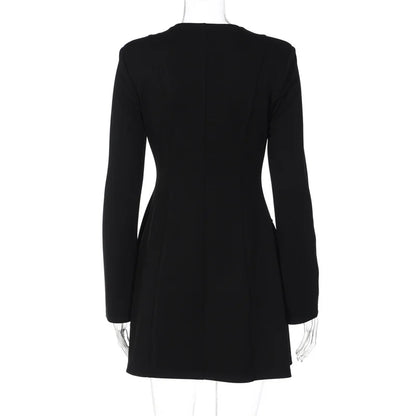 Mozision Long Sleeve Single-breasted Sexy Mini Dress Women Elegant Black Two Pocket High Waist A-line Club Party Dresses Female