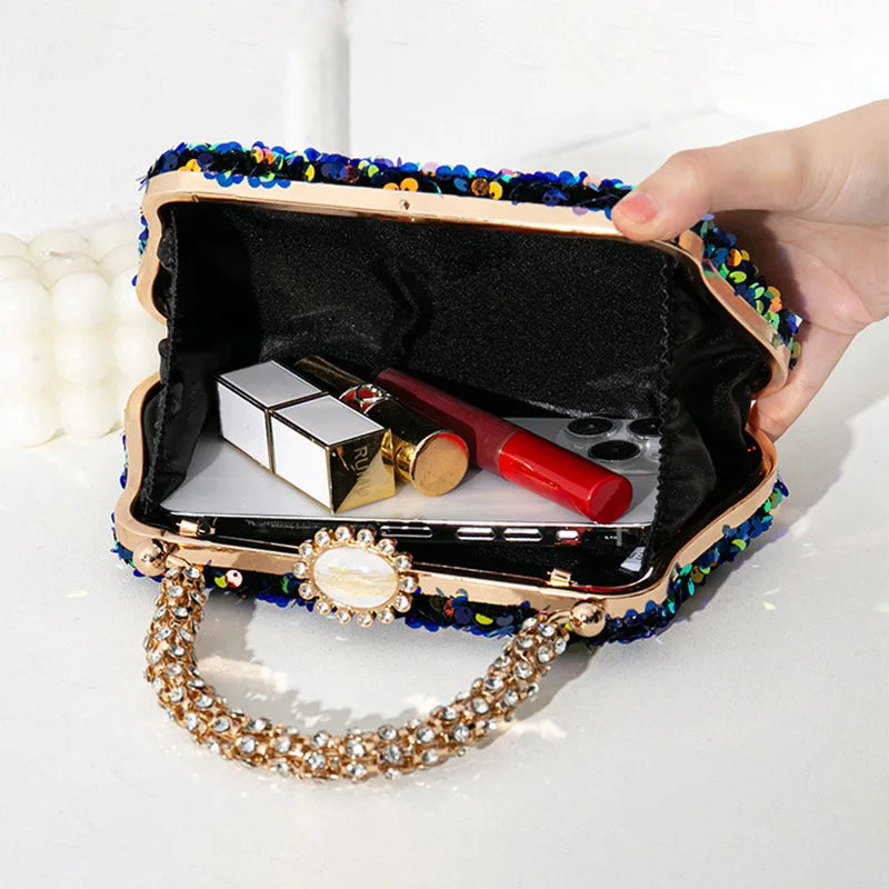 Luxury Women Shiny Sequins Evening Handbag Crystal Diamond Clutches Purse with Rhinestone Top Handle Lady Shoulder Messenger Bag - Kimlud