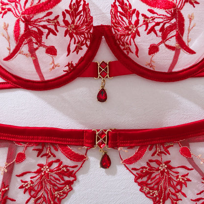 Ellolace Christmas Lingeries Sexy Hot Tempted Jewel Bra Belt Thong 3PC with Stockings Valentine Honey See Through Intimate Set