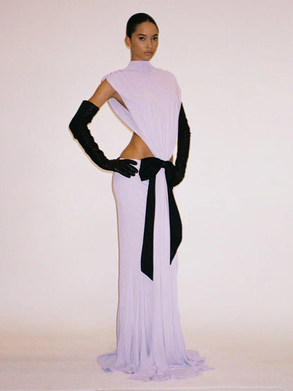 VC Stylish Chic White Halter Sleeveless Backless Cutout with Bow Detail Maxi Dress Evening Gown