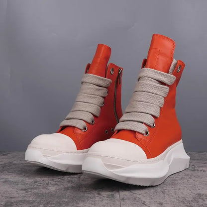 Men High Top Boots Casual Women Platform Heels Sneakers Leather Luxury Thick Lace Up Zip Autumn Black White Shoes