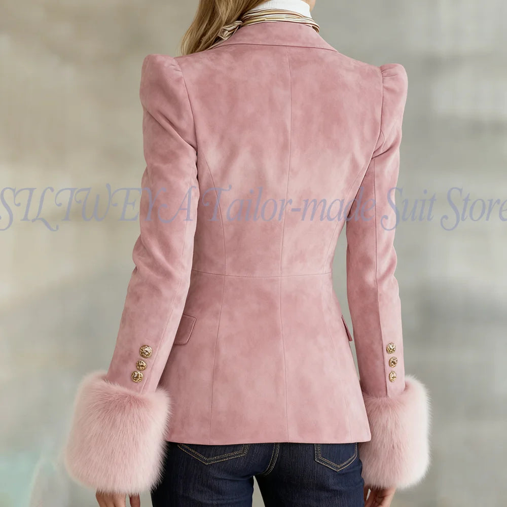 Ladies 1 Piece Suede Jacket Elegant Light Pink Female Blazer With Feather High Quality Smart Casual Stylish Coat Trajes De Mujer