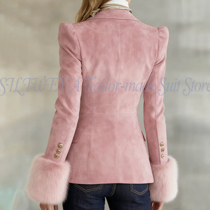 Ladies 1 Piece Suede Jacket Elegant Light Pink Female Blazer With Feather High Quality Smart Casual Stylish Coat Trajes De Mujer