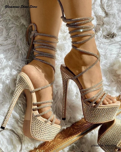 Sparkling Rhinestone Platform Sandals Summer Round Open Toe Thin High Heels Fashion Strappy Stilettos Lace-up Women's Shoes - Kimlud