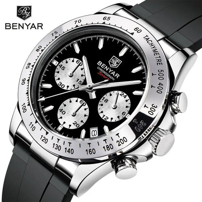 BENYAR New Casual Mens Quartz Watches Steel Bezel Silicone Strap Waterproof Multifunctional Luminous Wristwatch For Man
