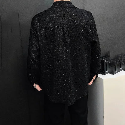2025 Summer New Men's Starry Sky Hot Diamond Long Sleeve Shirt Korean Fashion Trend Retro Luxury Niche Party Stage Male Tops
