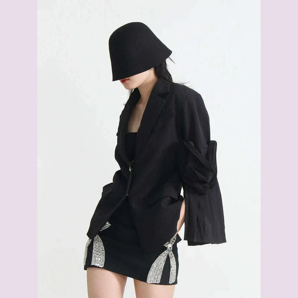 CHICEVER Vintage Solid Blazers For Women Notched Collar Irrgular Design Long Sleeve Spliced Folds Slim Blazer Female Spring New