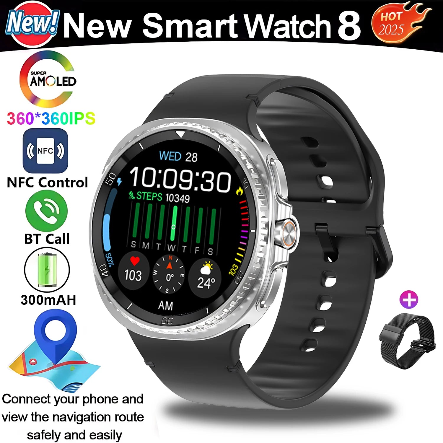 New Smart Watch 8 classic Rotating Dial AMOLED HD Screen Men's GPS NFC Sport modes Fitness Heart Rate Bluetooth Call Smart Watch