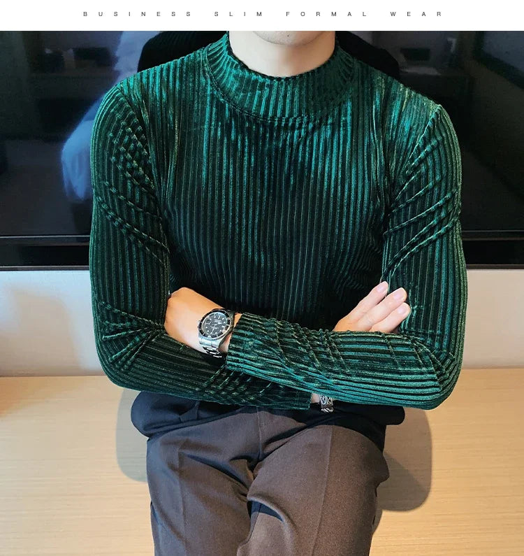 New Gold Velvet T Shirt Men Clothing Fashion Trend Male Luxury Prom Party Long-sleeved Striped Pullover Tops Homme - Kimlud
