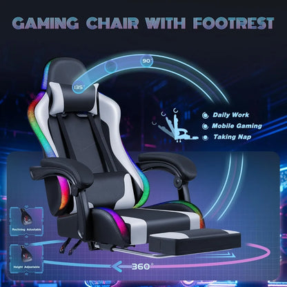 Furmax Gaming Chair with RGB LED Lights, Massage Lumbar Support & Footrest, Reclining High Back Computer Gamer Chair (White)