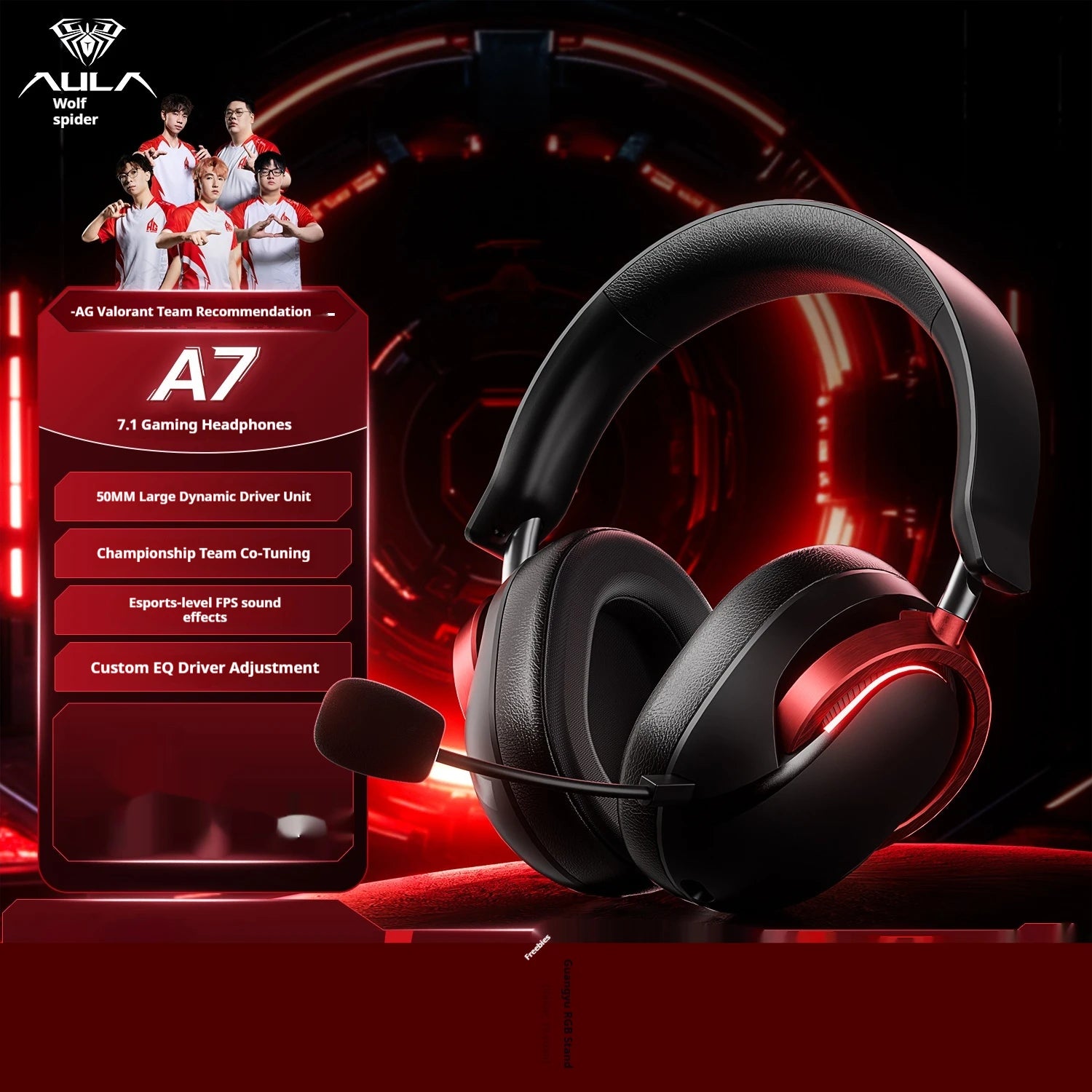 AULA A7Pro Headphone Wireless Bluetooth 2.4g Type-C RGB Gaming Headset Intelligent Noise Reduction Surround 7.1 Sound Effect