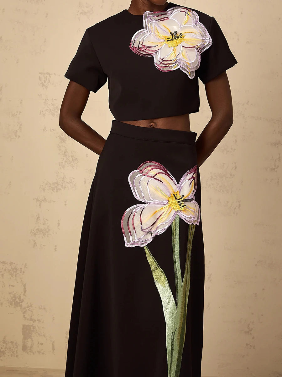 VGH Spliced Appliques Two Piece Set for Women O Neck Short Sleeve Top High Waist A Line Temperament Skirt Outfits Female Fashion