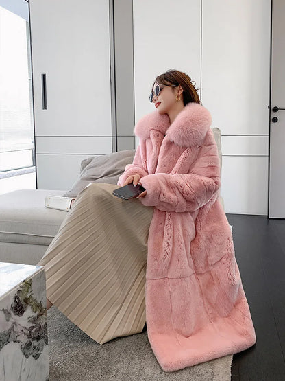 Women X-long Whole Skin Rex Rabbit Fur Coat Luxury High-end Natural Fur Jacket Oversized Genuine Fox Fur Collar