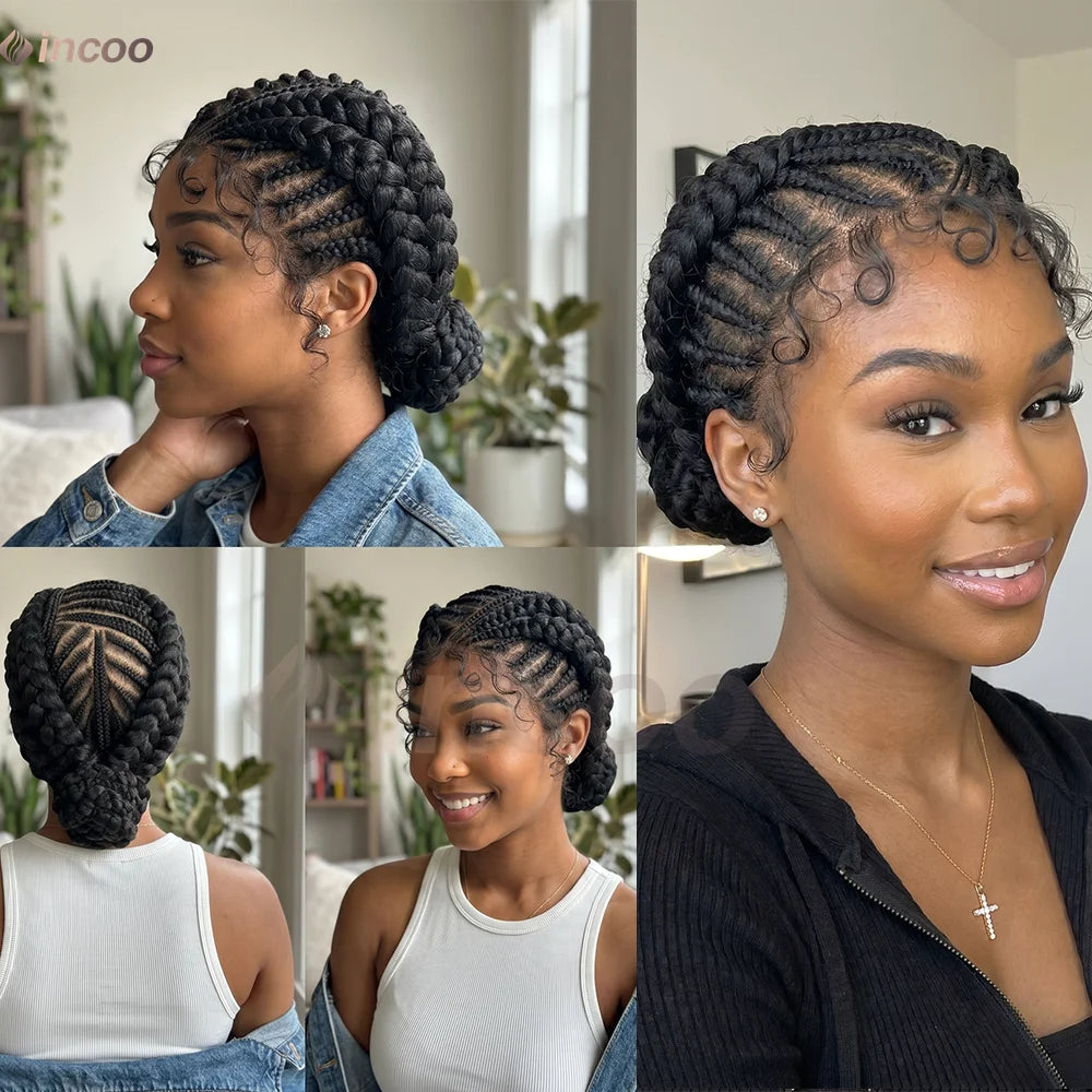 Short Cornnrow Braid Wigs Buns Glueless For Black Women Synthetic HD Full Lace Wig Neat Braids Wig African Protective...