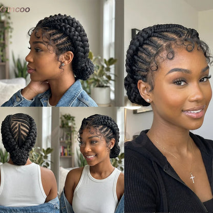 Short Cornnrow Braid Wigs Buns Glueless For Black Women Synthetic HD Full Lace Wig Neat Braids Wig African Protective...