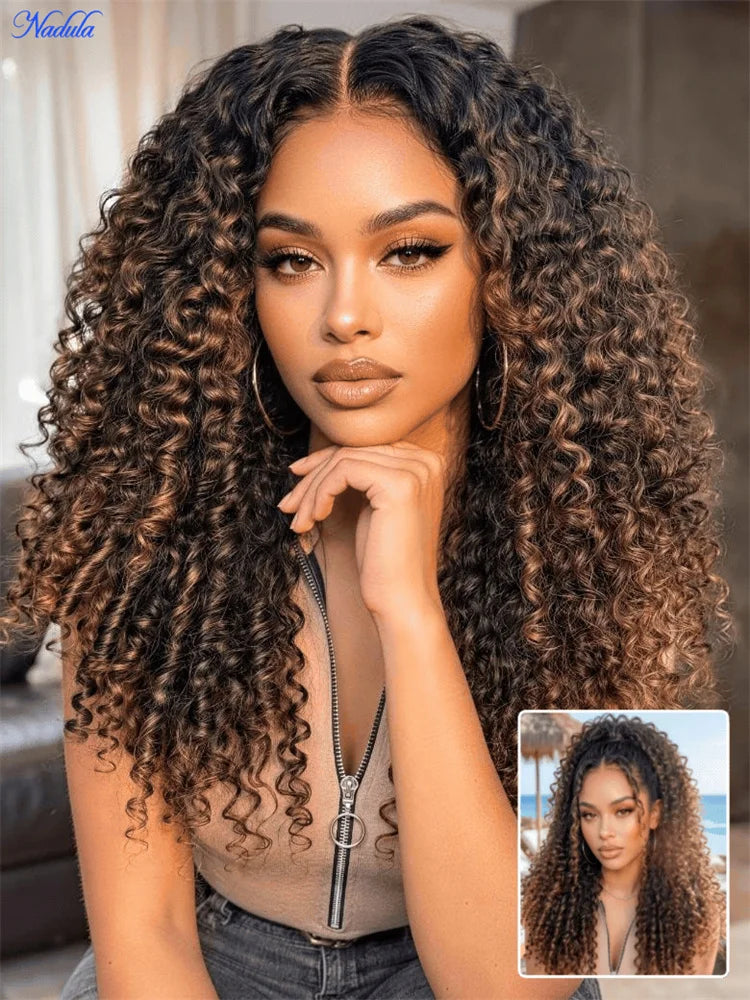 Nadula 7x5 Bye-Bye Slip™ Glueless Wig Chestnut Brown Ombre Burmese Curly With Finger Coil Ends Drawstring Human Hair Wig...