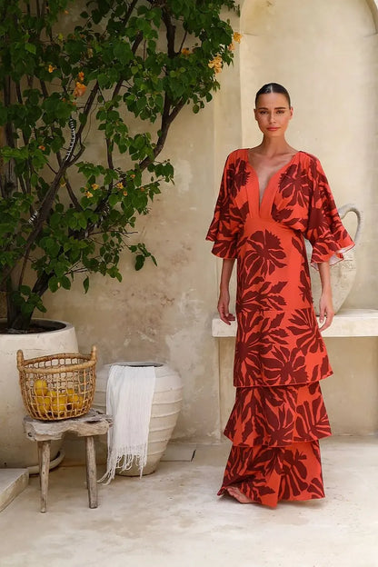 FLAXMAKER Bandeau Blossom Print Dress Women Sexy Sleeveless Ruffle Dolman Sleeve Printed Dresses Floor-length Sundress...