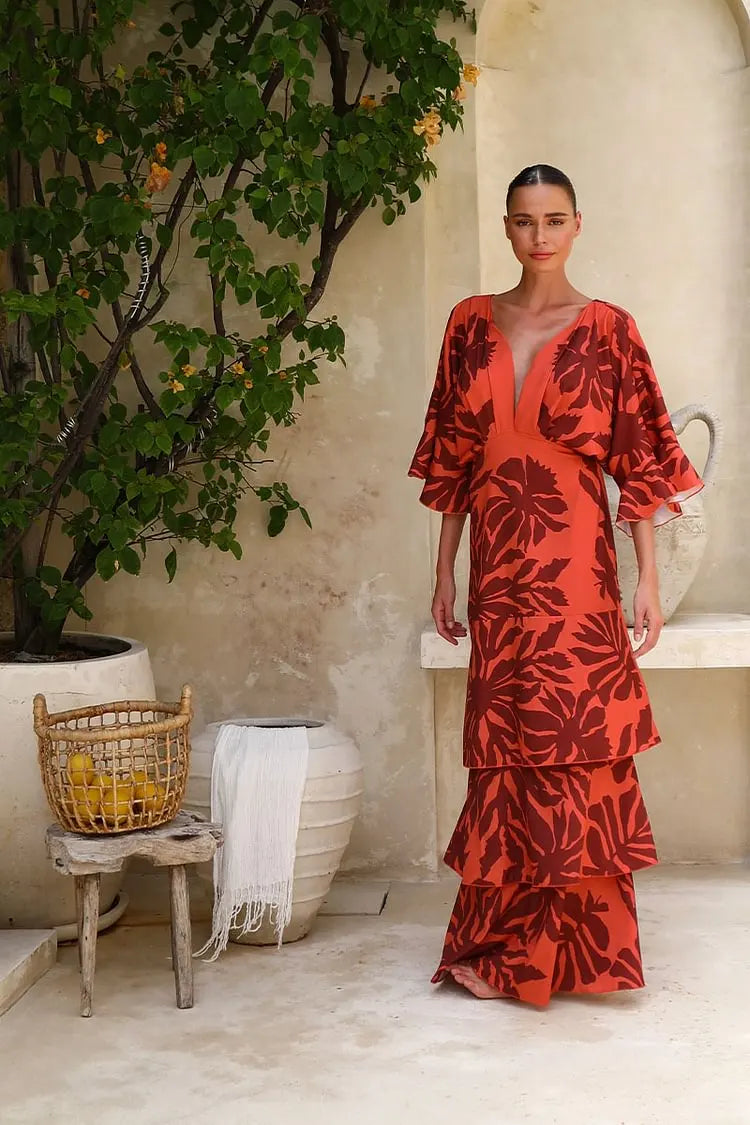 FLAXMAKER Bandeau Blossom Print Dress Women Sexy Sleeveless Ruffle Dolman Sleeve Printed Dresses Floor-length Sundress...