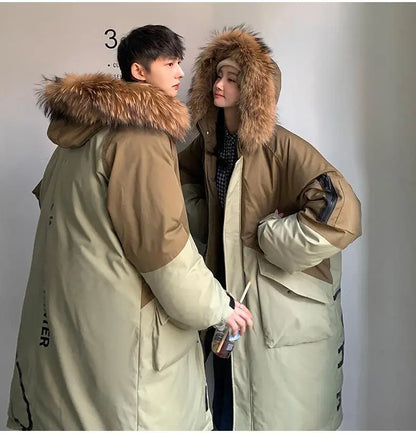 Men's Parkas Hooded Down Jacket Couple Mid-length Over-the-knee Loose Animal Fur Collar Jackets Zipper Pockets Thick Tops Coat