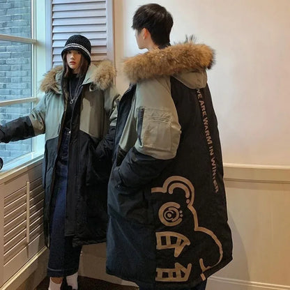 Men's Parkas Hooded Down Jacket Couple Mid-length Over-the-knee Loose Animal Fur Collar Jackets Zipper Pockets Thick Tops Coat