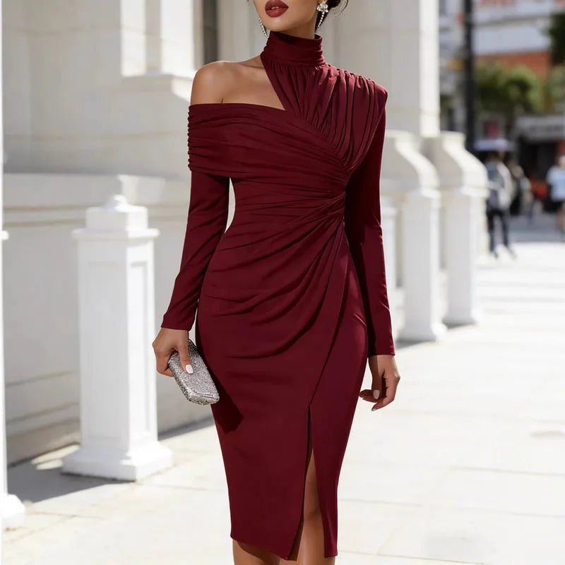 OL Style Elegant High Neck Ruched Party Dress Woman Sexy Off Shoulder Hollow Slit Midi Dress Spring Long Sleeve Solid Boho Dress - Kimlud