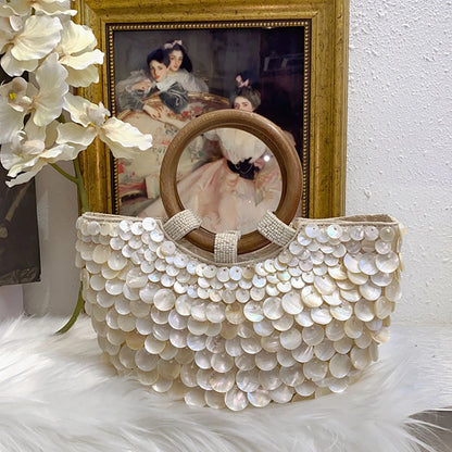 Shell Beaded Clutch Purse Handmade Top Handle Bag Luxury Designer Evening Handbag Evening Bag for Women Summer Vacation - Kimlud