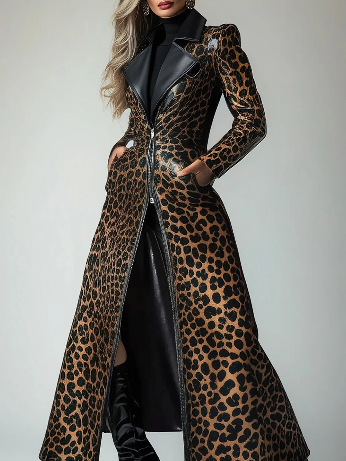 PU Leather Leopard Pattern Zipper Pocket Trench Coat
