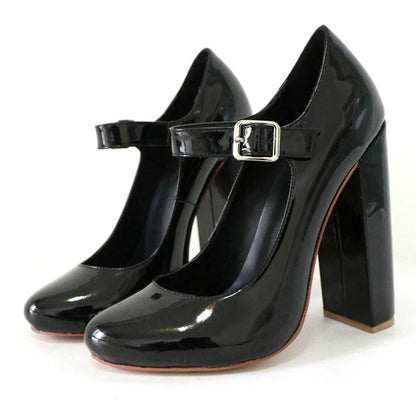 Elegant Women Black Patent Mary Jane High Heel Pumps Buckle Strap Round Toe Block Heel  Party & Office Work Dress Shoes