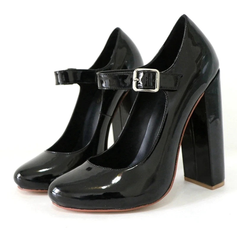 Elegant Women Black Patent Mary Jane High Heel Pumps Buckle Strap Round Toe Block Heel  Party & Office Work Dress Shoes