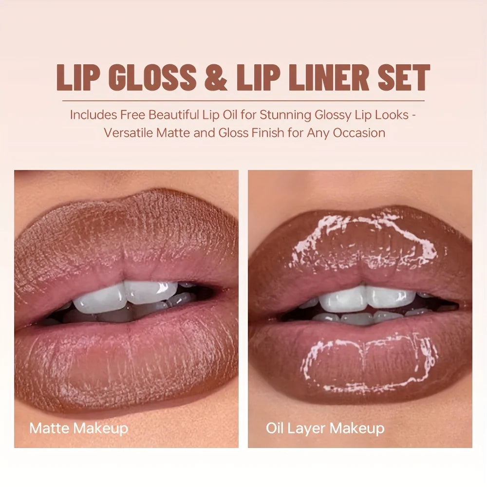 3PCS Ombre Lip Kit: Lip Liner + Lip Gloss + Lip Oil, Gradient Lips Makeup, Nude Shades, Hydrating, Non-Sticky