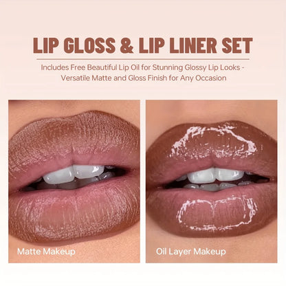 3PCS Ombre Lip Kit: Lip Liner + Lip Gloss + Lip Oil, Gradient Lips Makeup, Nude Shades, Hydrating, Non-Sticky