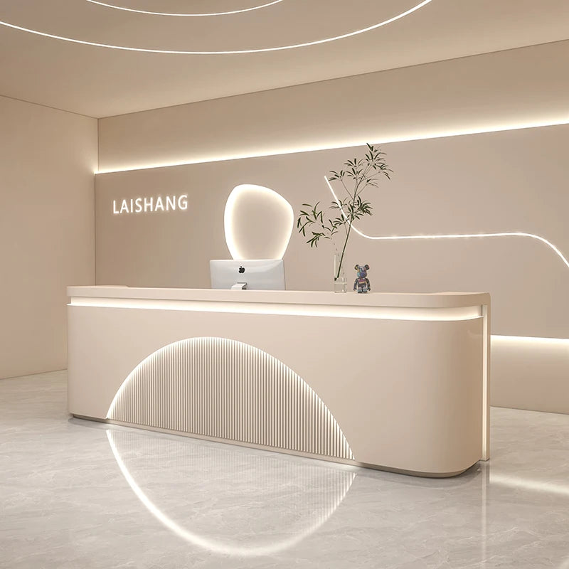 Unique White Reception Desks Organizers Display Drawer Led Lights Reception Desks Aesthetic Modern Bureau Commercial Furniture - Kimlud