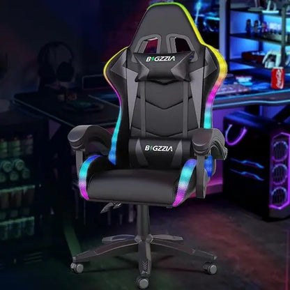 Gaming Chair with RGB LED Lights, High Back Ergonomic Computer Gamer Chair with Headrest and Lumbar Support, Racing Styl