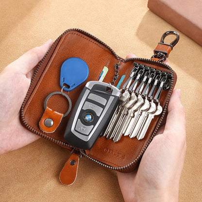 Men'S Key Holder with 2 Card Slots + 1 ID Key Clip + 6 Key Rings + 1 Car Key Chain, Genuine Leather Large Capacity Multi-Car